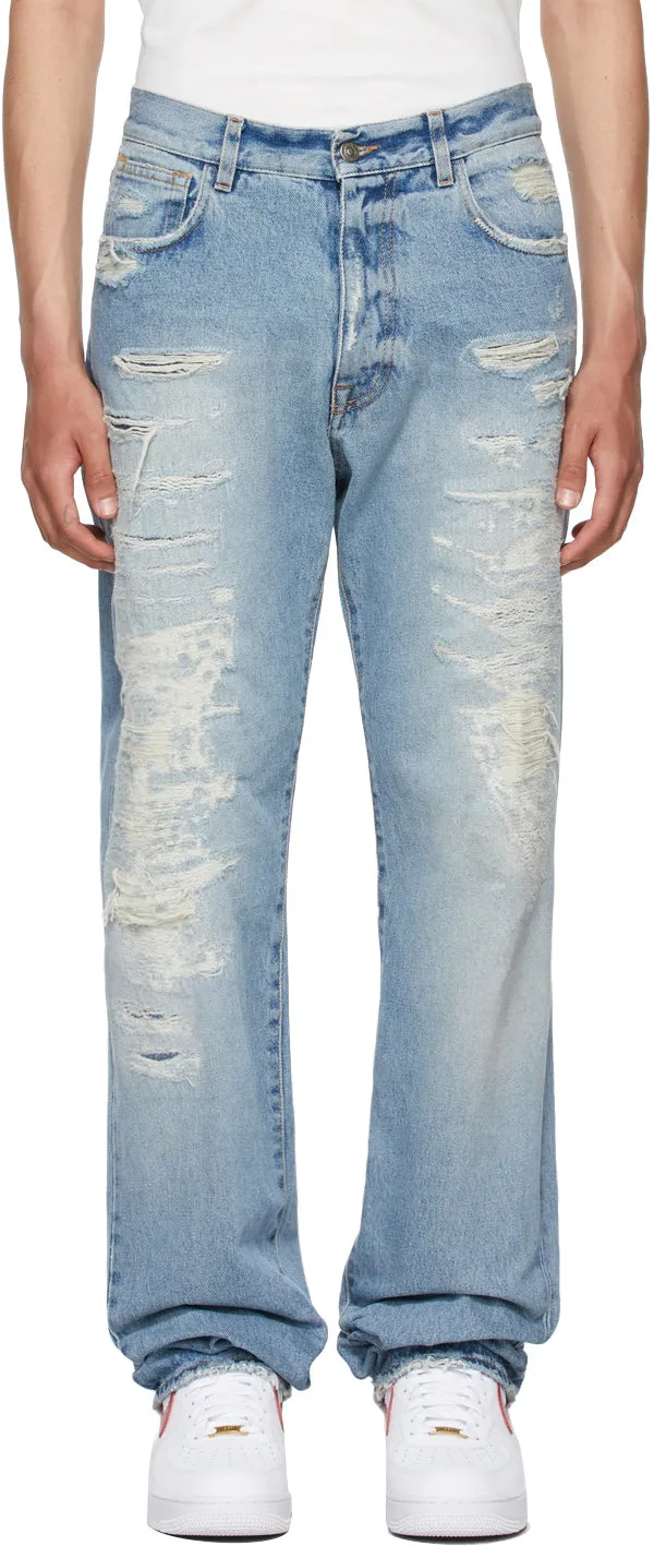 424 Blue Distressed Straight-Leg Jeans
