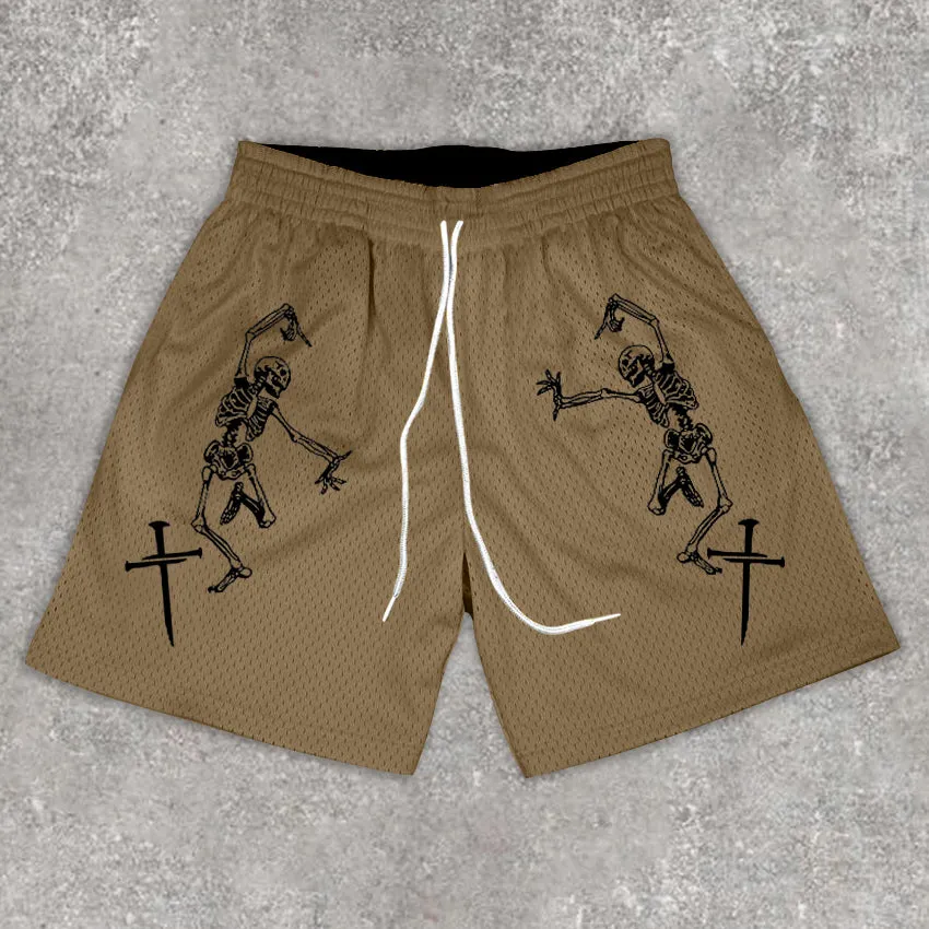 Casual Print Skull Mesh Shorts