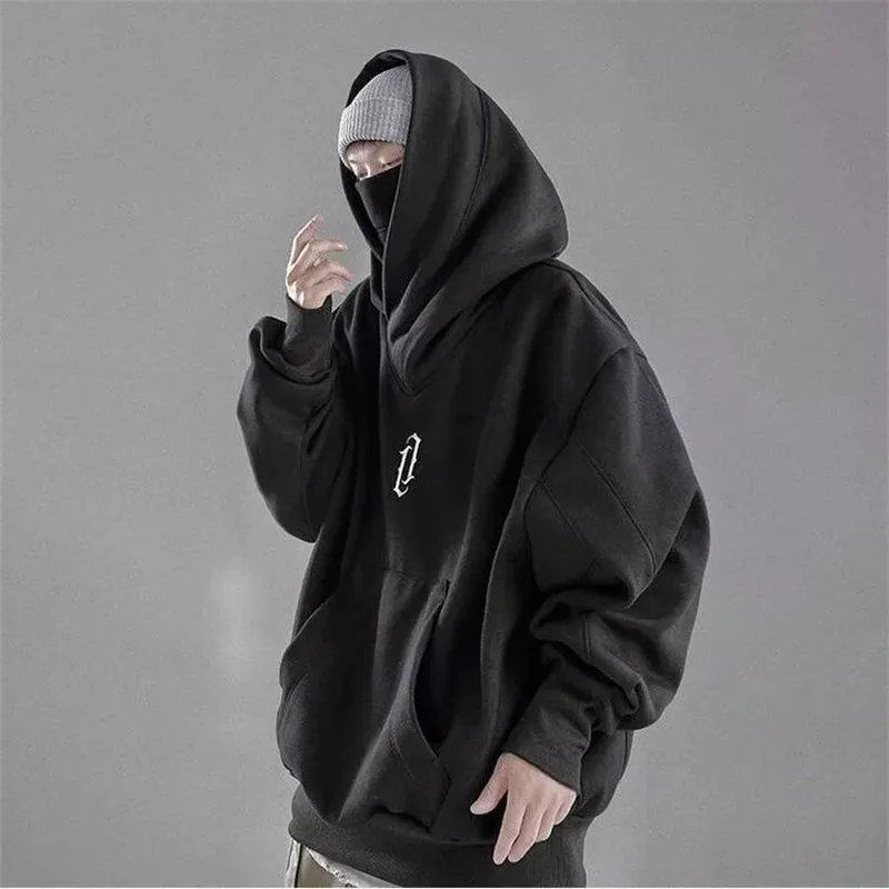Embroidery Turtleneck Sweatshirt For Men Japanese Ninja Hoodies Autumn Hip Hop Fleece Pocket Streetwear Oversized Y2K Hoody