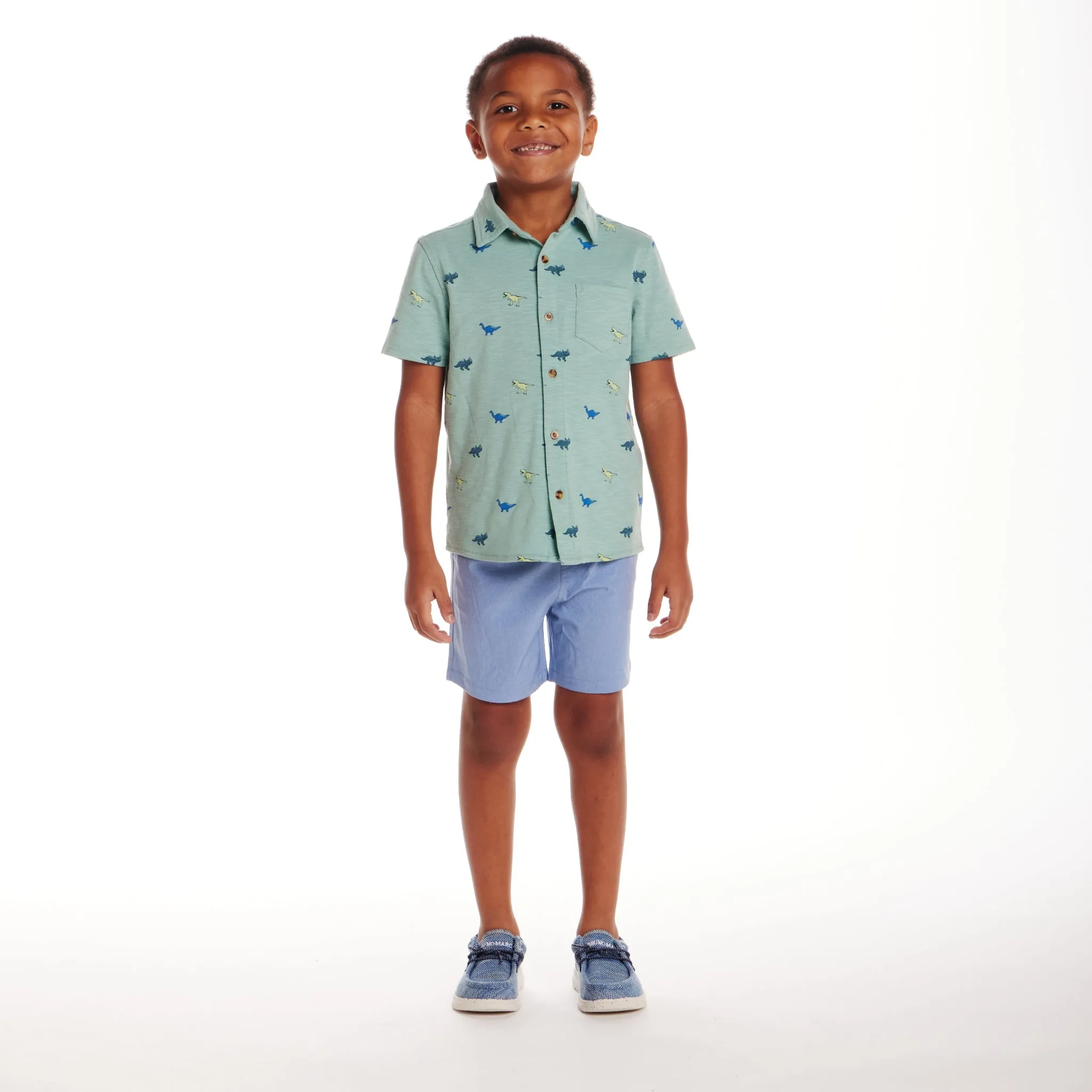 Kids (2-7) Knit Buttondown & Hybrid Short Set | Dinosaur Print