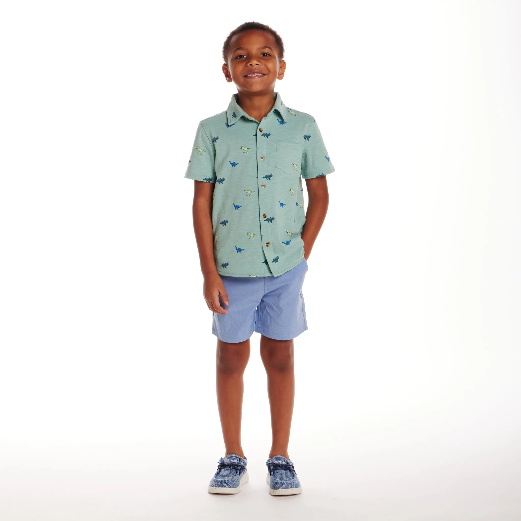 Kids (2-7) Knit Buttondown & Hybrid Short Set | Dinosaur Print