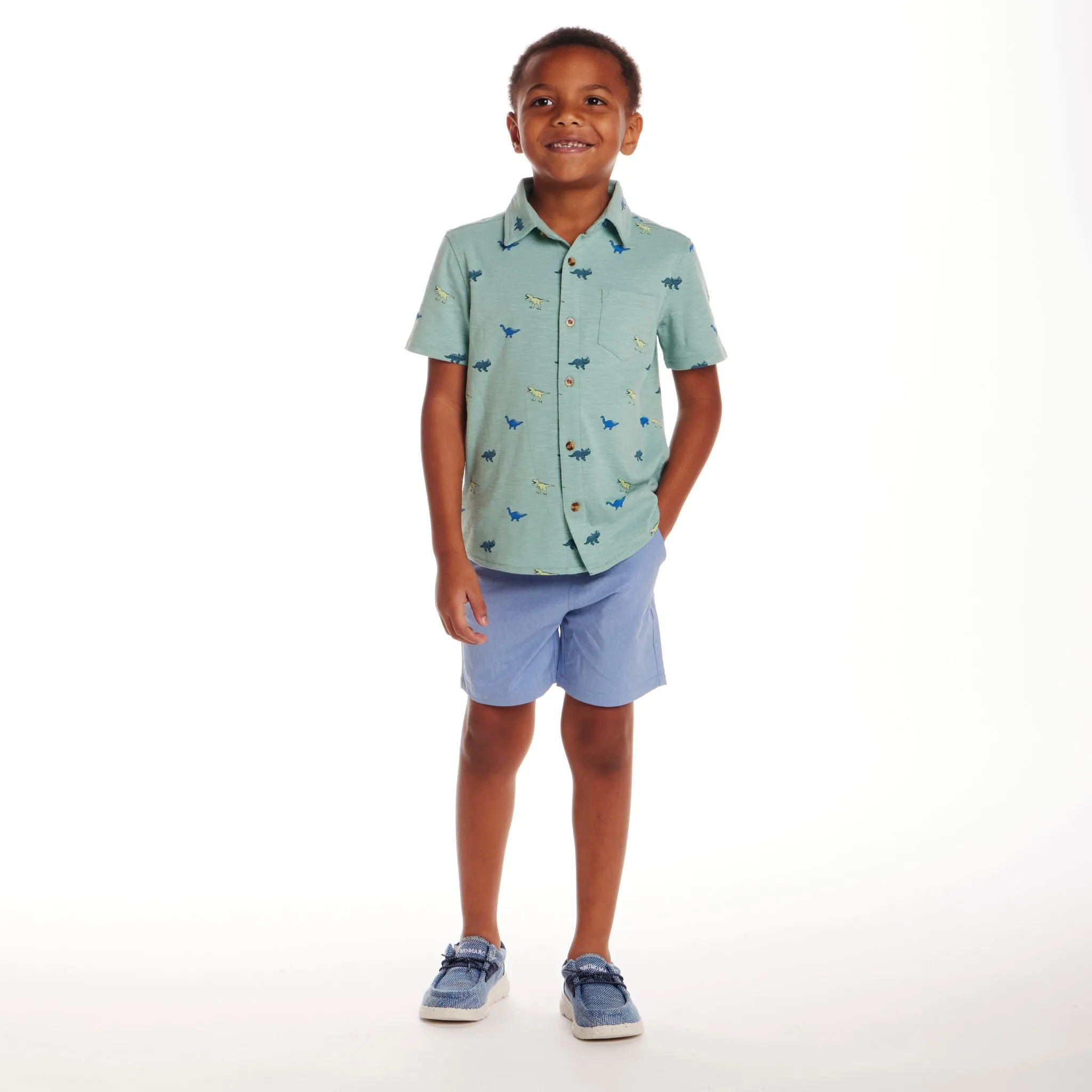 Kids (2-7) Knit Buttondown & Hybrid Short Set | Dinosaur Print