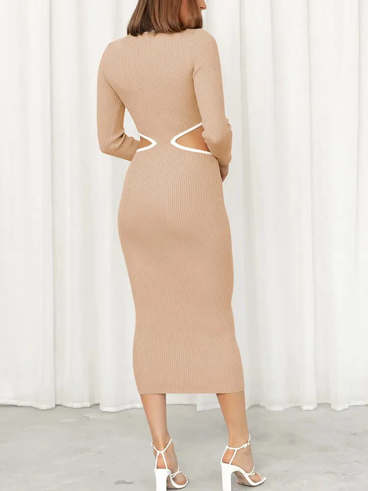 Long Sleeve Crew Neck Cutout Bodycon Midi Dress
