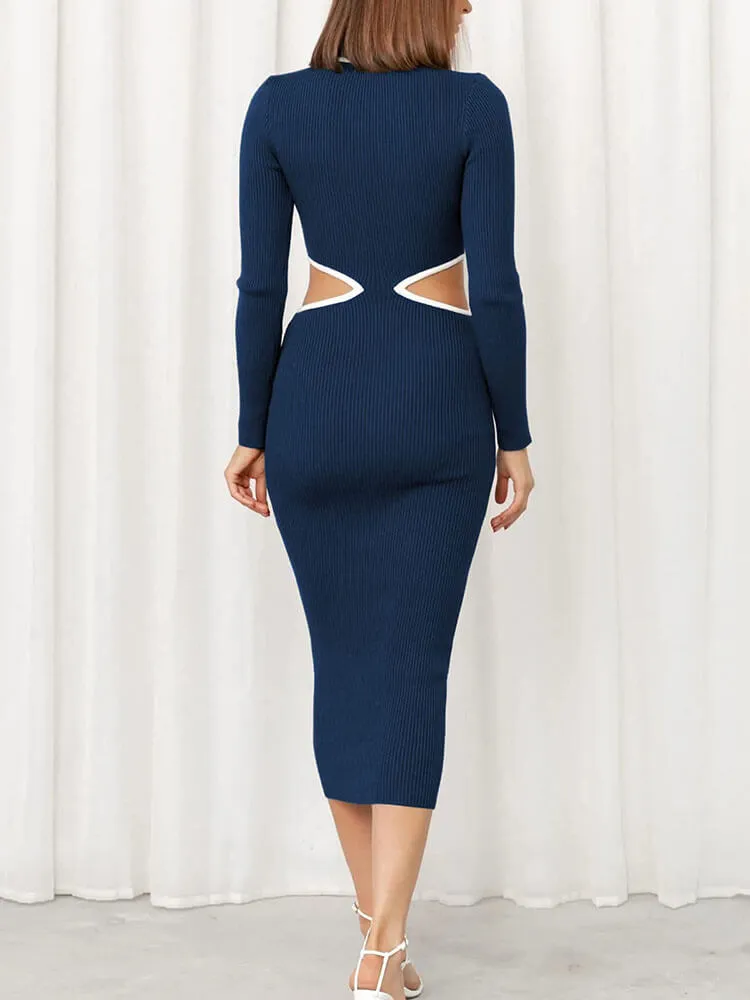 Long Sleeve Crew Neck Cutout Bodycon Midi Dress