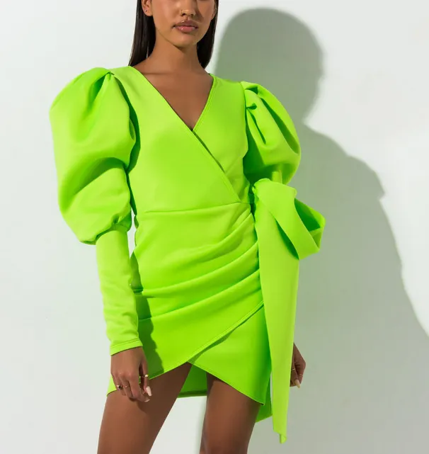 Pure Color V-neck Wrapped Chest Puff Sleeve Bowknot Slim Fit Pack Butt Dress