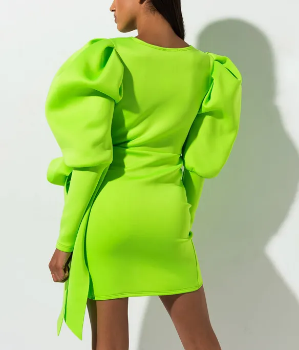Pure Color V-neck Wrapped Chest Puff Sleeve Bowknot Slim Fit Pack Butt Dress