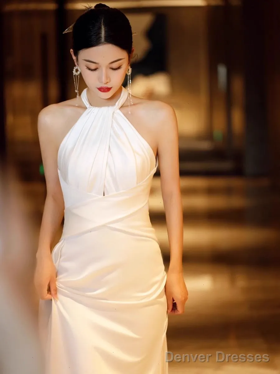 Simple Mermaid Halter Party Dresses Long White Prom Dresses