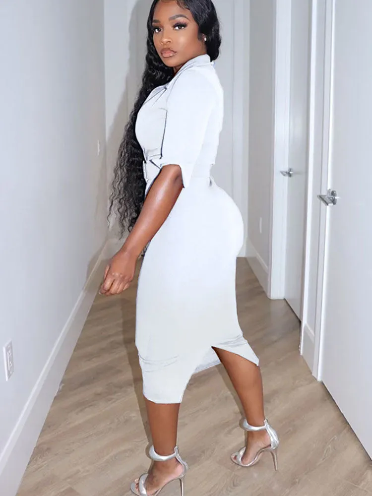 V Neck Belted Split Bodycon Midi Dresses