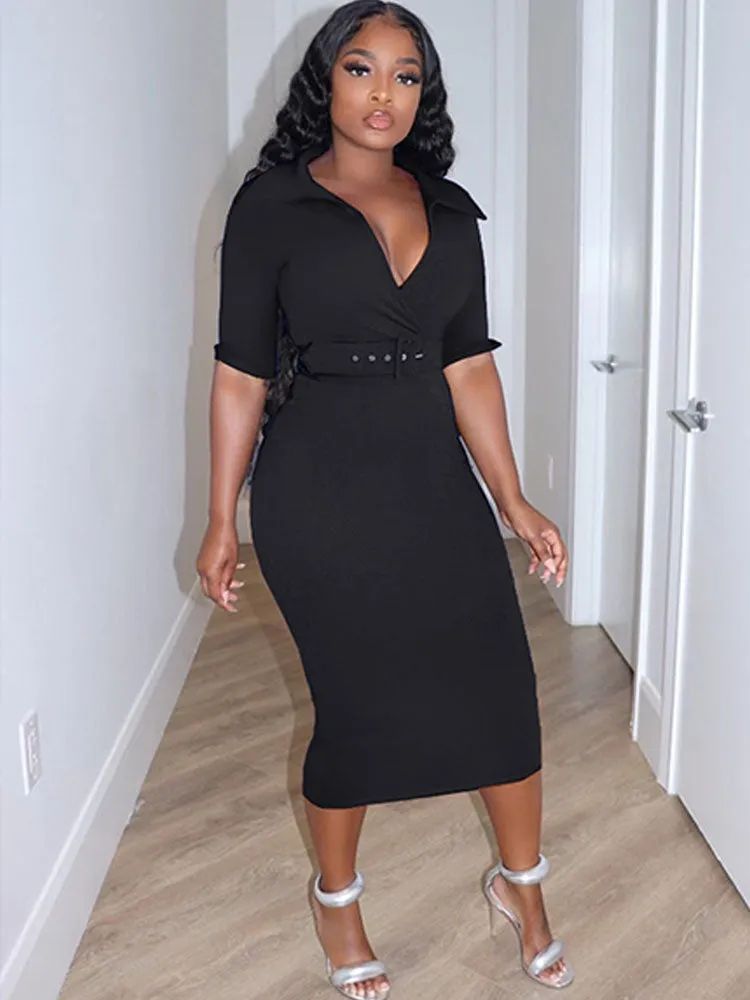 V Neck Belted Split Bodycon Midi Dresses