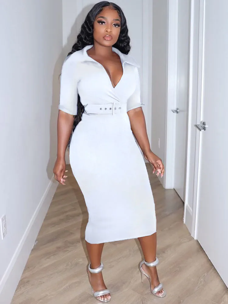V Neck Belted Split Bodycon Midi Dresses