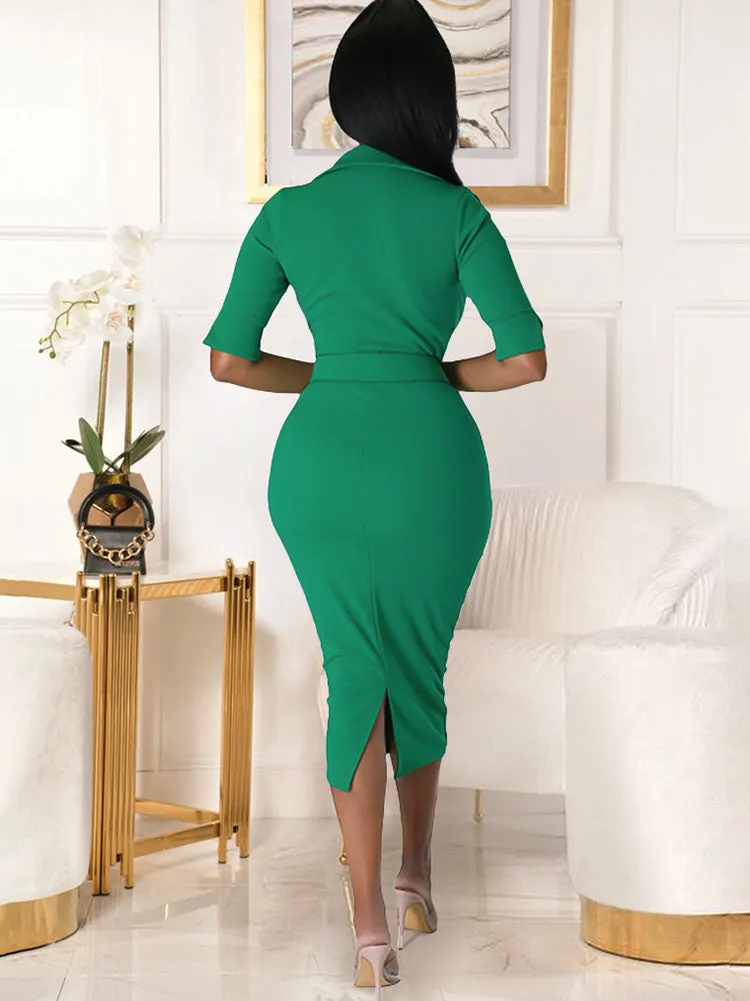 V Neck Belted Split Bodycon Midi Dresses
