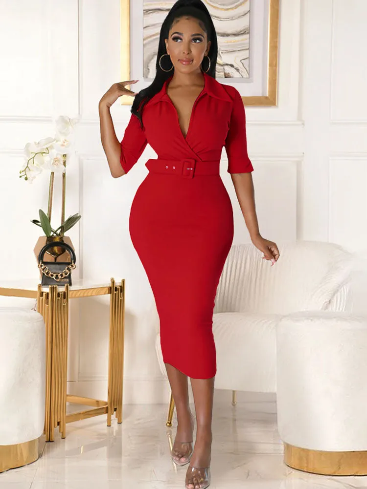 V Neck Belted Split Bodycon Midi Dresses