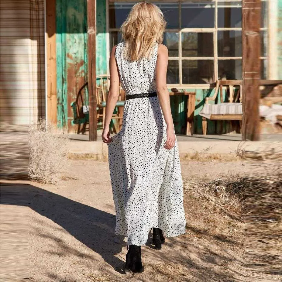 Vintage Plunge Casual Polka Dot Maxi Dress Long