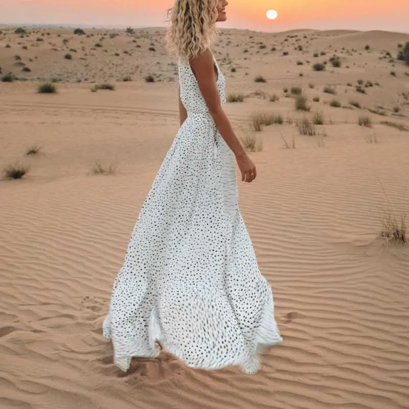 Vintage Plunge Casual Polka Dot Maxi Dress Long