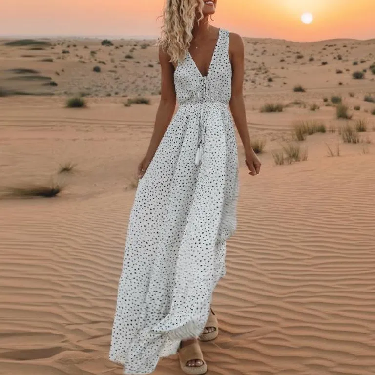 Vintage Plunge Casual Polka Dot Maxi Dress Long