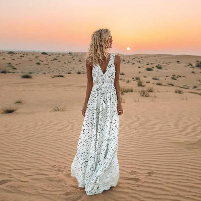 Vintage Plunge Casual Polka Dot Maxi Dress Long