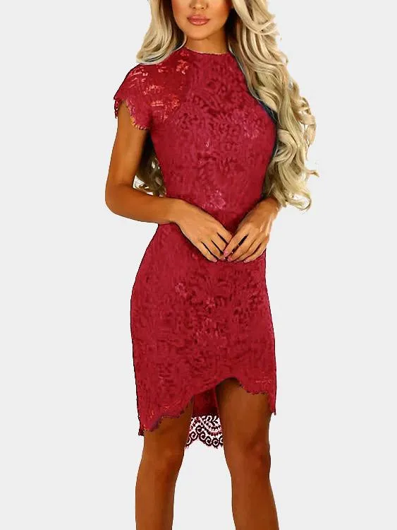 Wholesale Round Neck Short Sleeve Lace Zip Back Irregular Hem Dresses